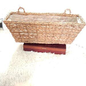 Handcrafted Rectangular Wicker Basket With Plastic Liner Boho Cottage Planter